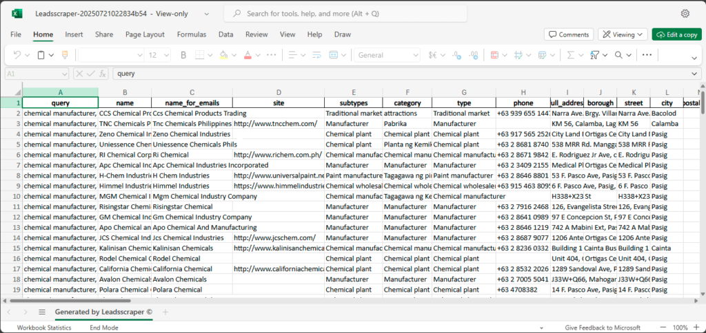 Sample Result File for Email & Contact Scraper