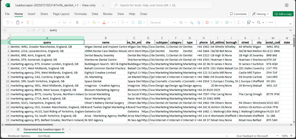 Sample Result File from Google Maps Data Scraper