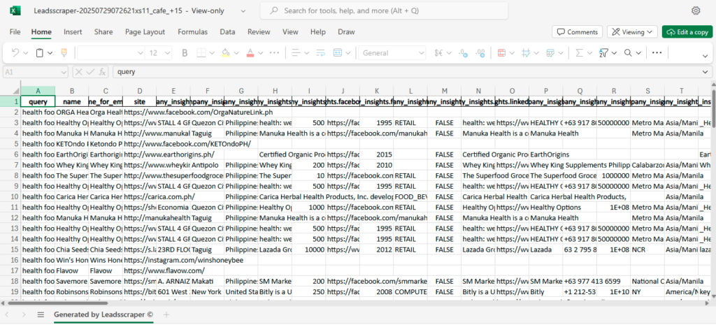 Sample Result for Google Maps Data Scraper