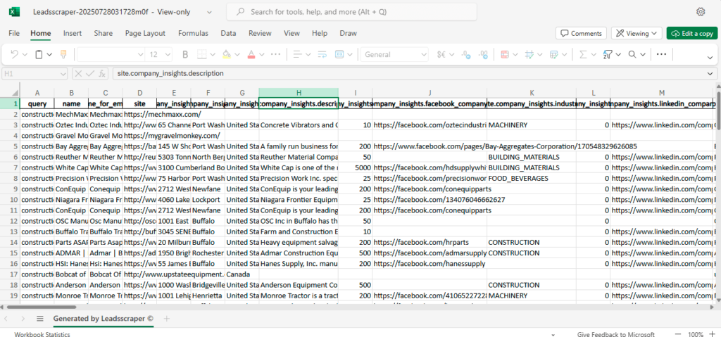 Sample Result from Company Insights