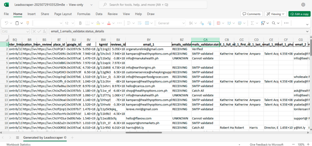 Sample Result from Email & Contact Scraper