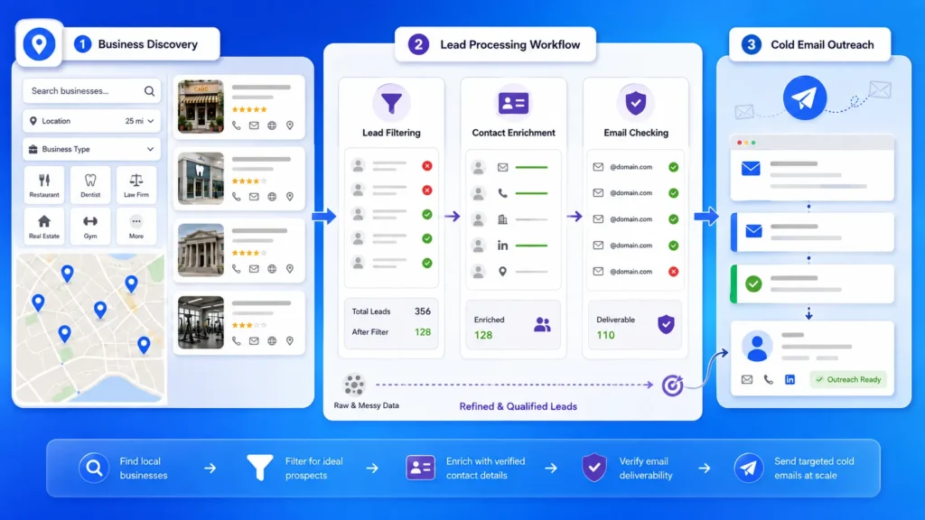 Illustration showing outbound sales automation workflow from lead scraping to cold email outreach