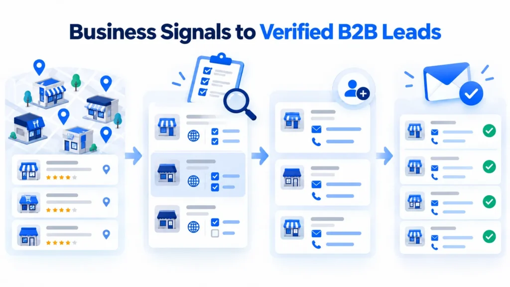 Illustration of turning business signals into verified B2B leads through business research, contact enrichment, and email verification